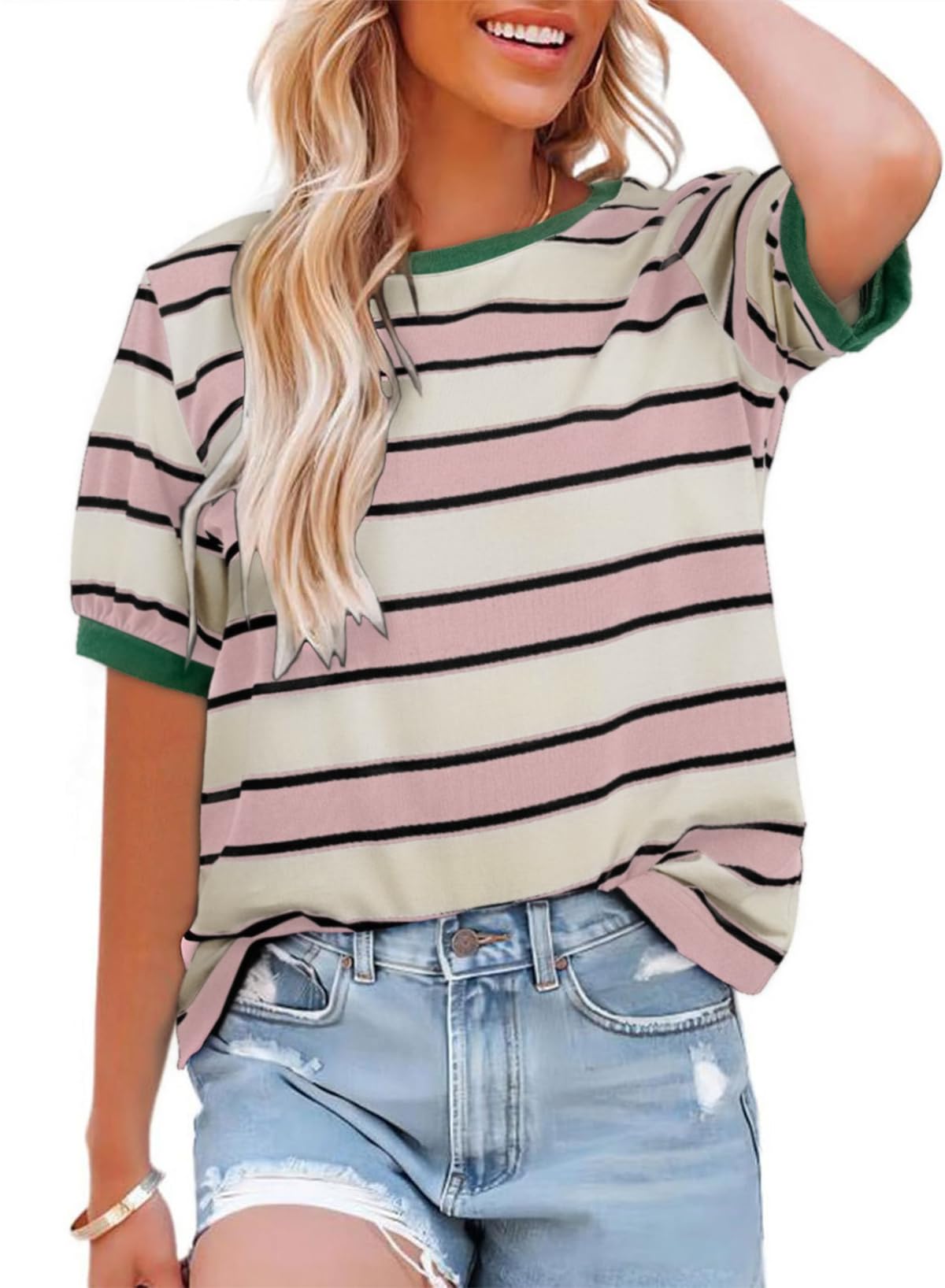 Cuptacc Tshirt Damen Rundhals Locker Oberteile Bunt Gestreiftes Tunika Damen Sommer Casual Baumwolle T Shirt Kontrast Kurzarm Oberteile