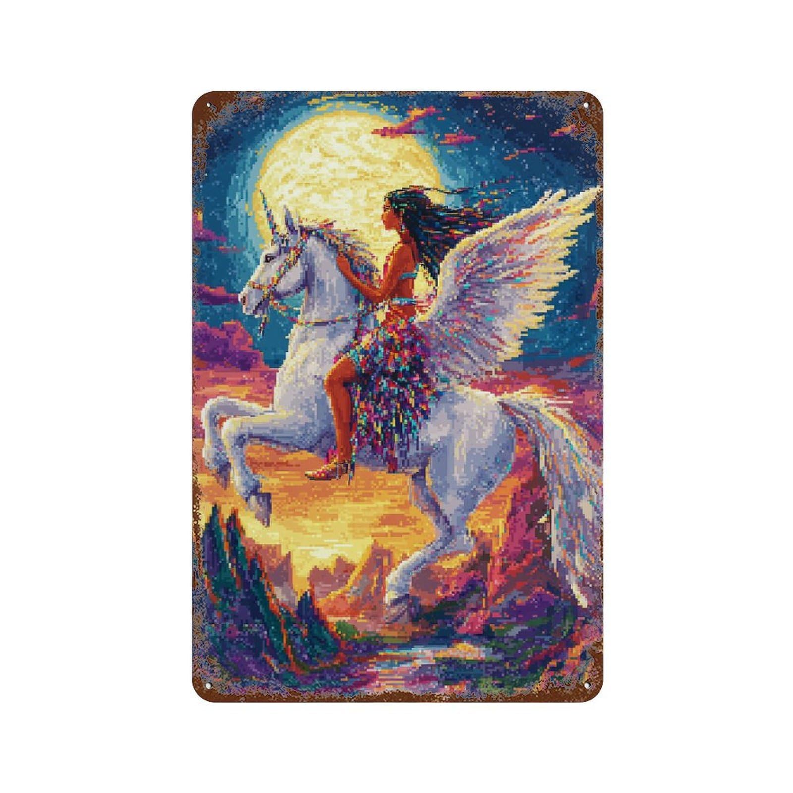 Fantasy Unicorn Ride Art Print Rust Effect Tin Sign 11.8"x7.9", for Farmhouse, Kitchen And Entryway Decor, Decorative Metal Wall Art