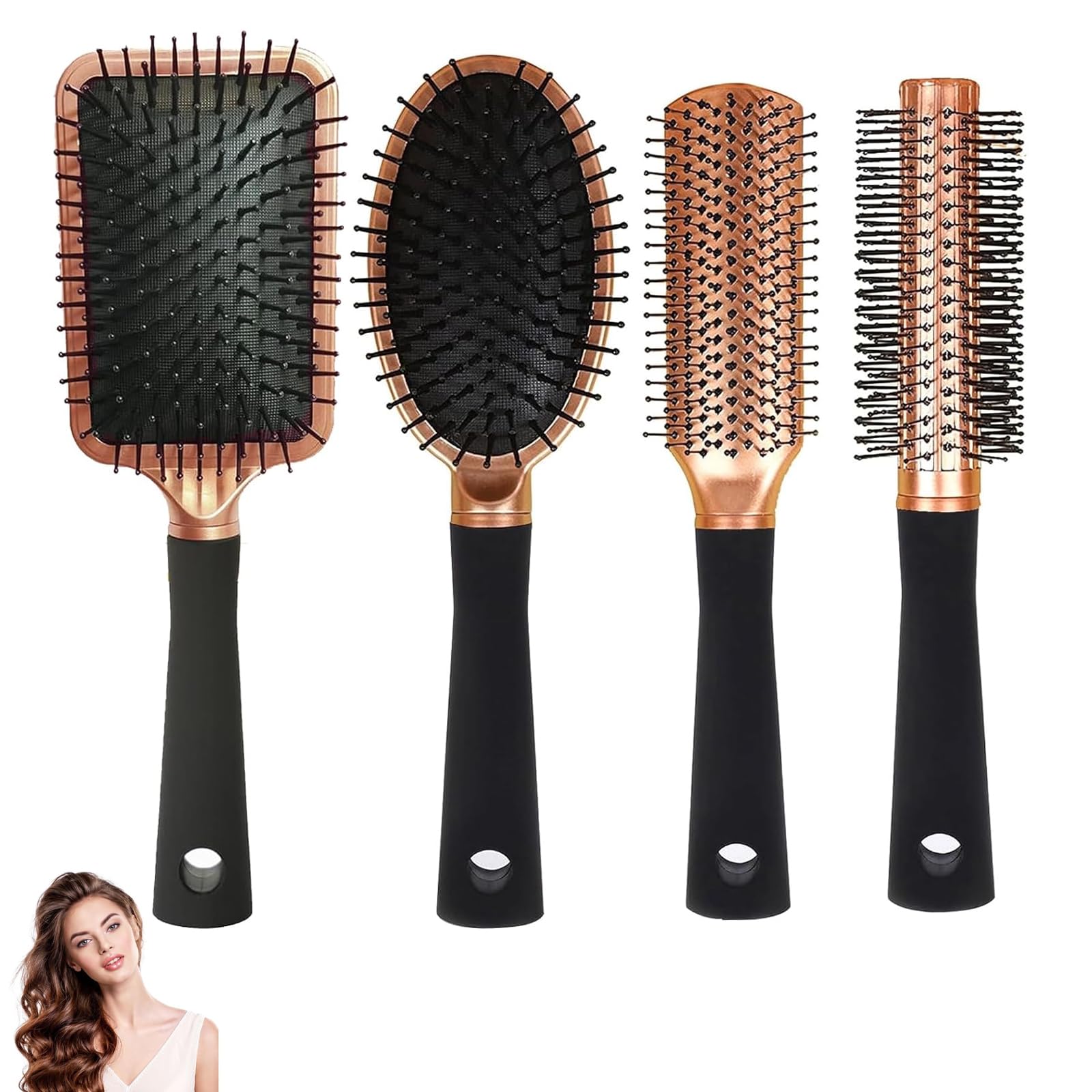 Hair Brush Set,SiHuiTu 4 Pcs Anti Static Massage Oval Comb Round Hair Brush,Detangling Brush,Paddle Brush for Women Men (Black)