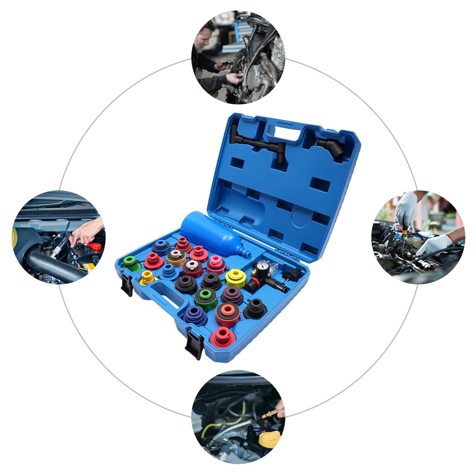 Kit di ricarica per olio motore, 24 pezzi, con unità ad aria compressa, 19 tappi di chiusura, imbuto 2 litri, kit per cambio dell'olio, per Audi BMW, Mercedes, officina, manutenzione auto, riparazione