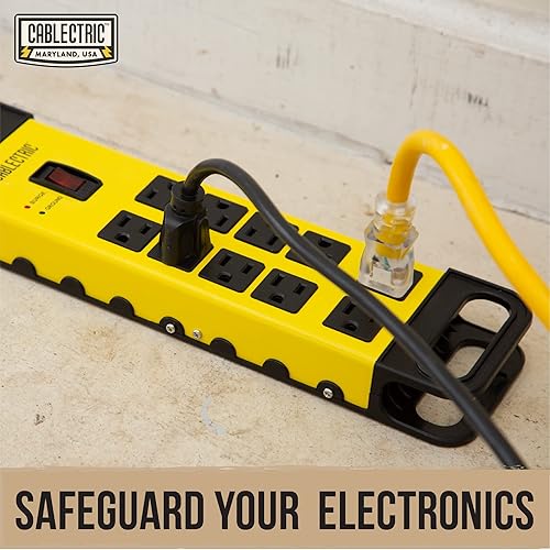 Miniatura 5 de es una marca de propiedad estadounidense con protector de sobretensiones de 10 tomas de corriente, resistente a sobretensiones de metal negro y