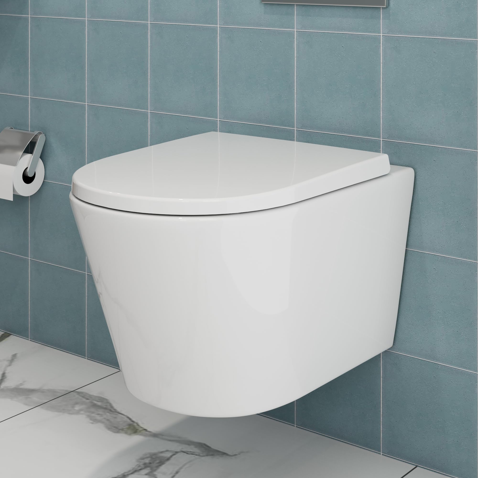 HOROW WC senza bordi con coperchio per WC, WC sospeso in ceramica, set di servizi igienici moderni, lunghezza 539 mm