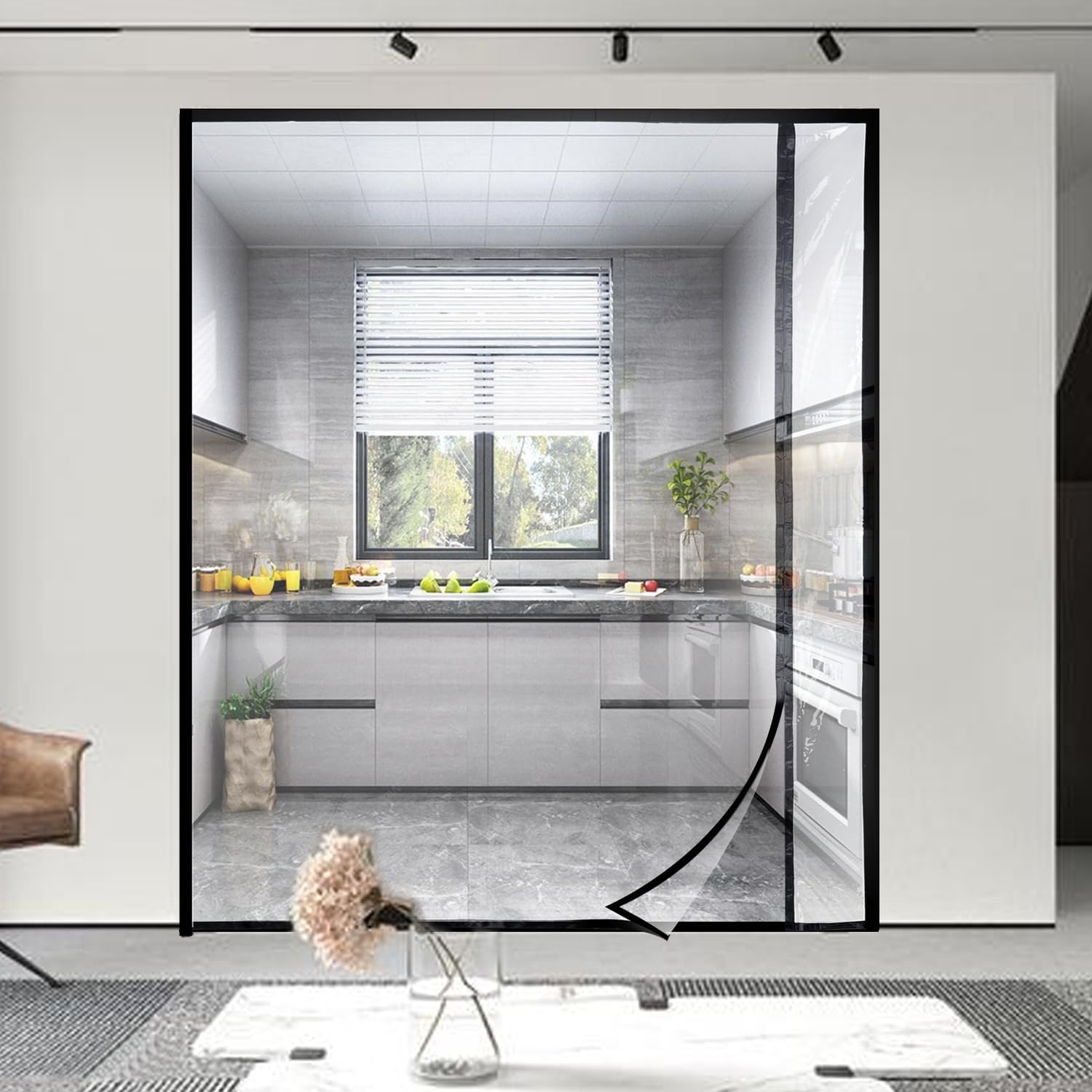 Transparent Reversible Left or Right Side Opening Insulated Door Curtain, Magnetic Thermal Door Cover Self-Closing Screen Door for Kitchen, Bedroom, Air Conditioner Room, Fits Doors up to 60" x 80"