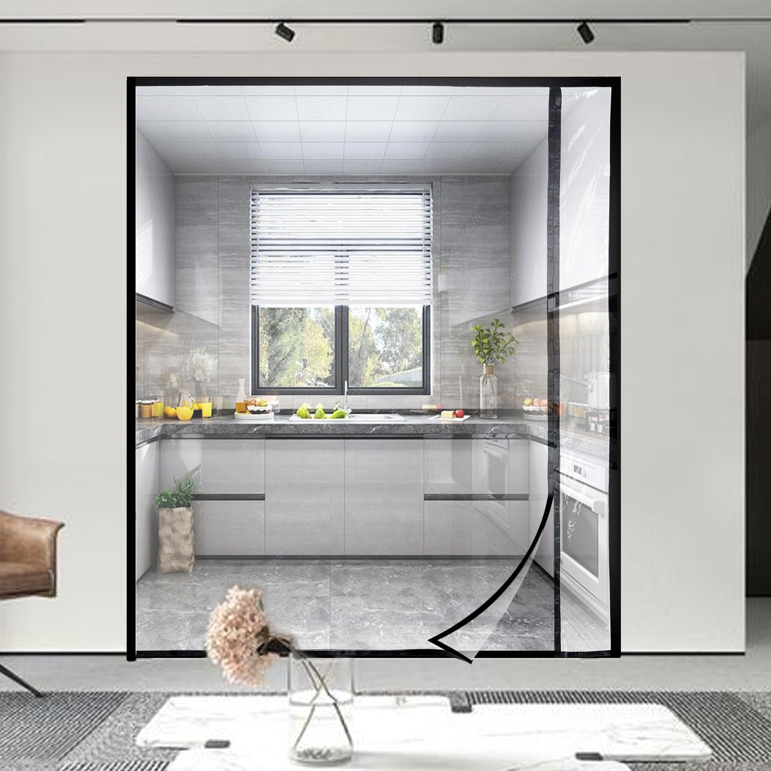 Transparent Reversible Left or Right Side Opening Insulated Door Curtain, Magnetic Thermal Door Cover Self-Closing Screen Door for Kitchen, Bedroom,