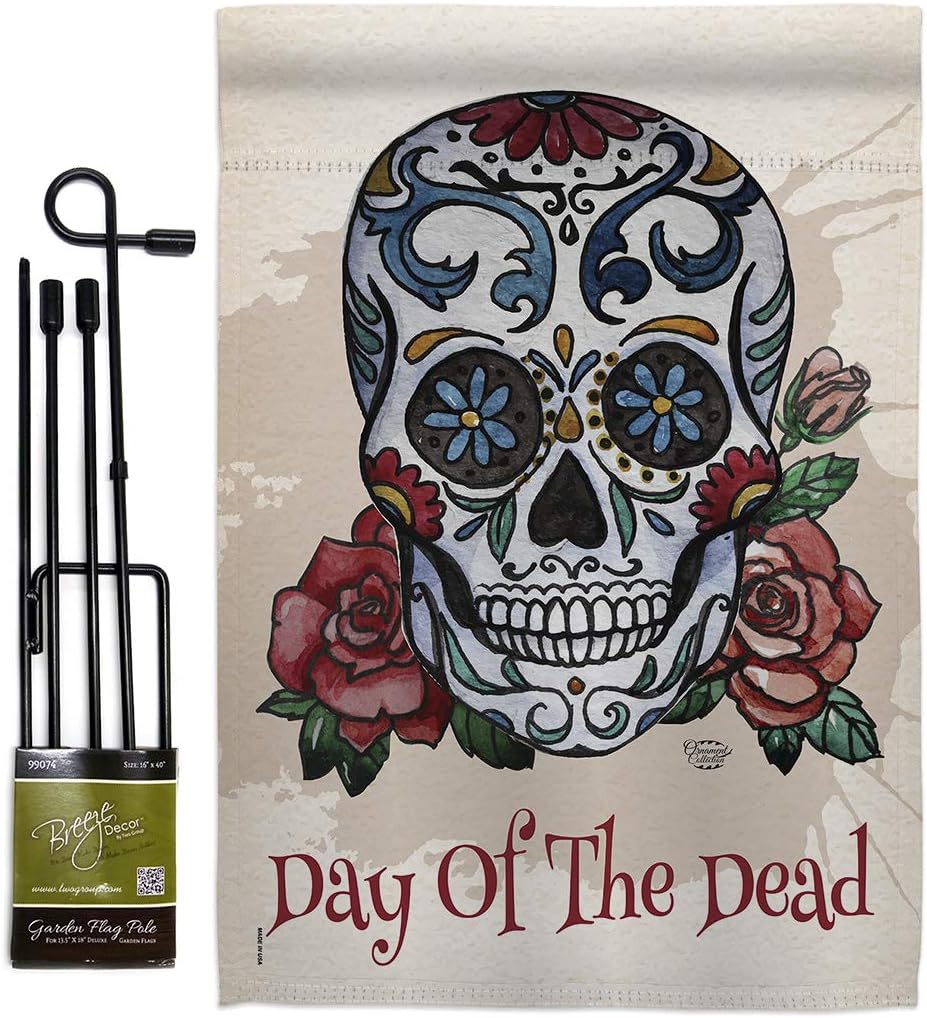 Day of the Dead Garden Flag Set with Stand Falltime Dia De Los Muertos Fiesta Mexican Party Autumntime Small Decorative Gift Yard House Banner Made In USA 13 X 18.5