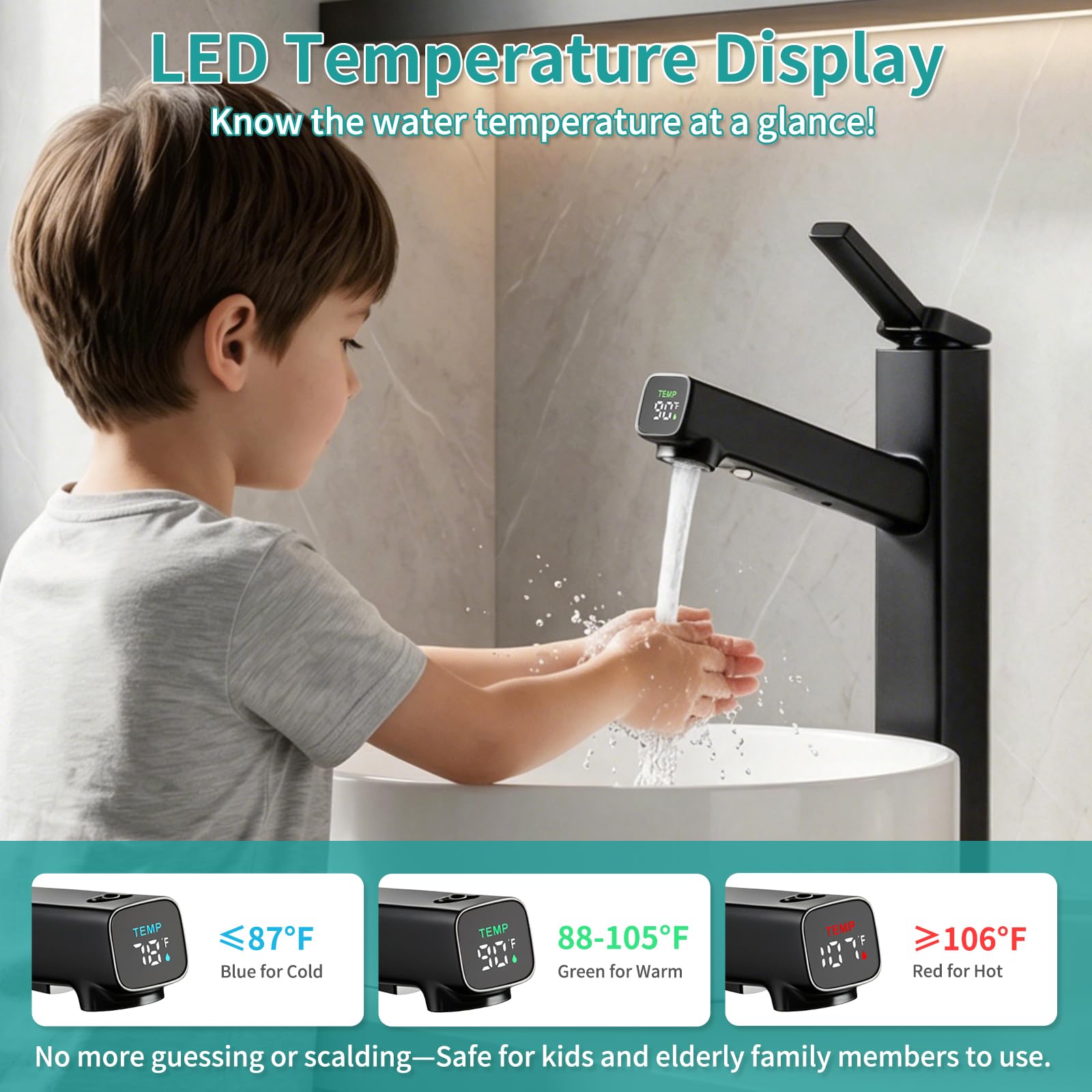 MIAOHUI Grifo de baño alto con rociador extraíble, 3 modos de pulverización, grifo de lavabo con pantalla de temperatura, grifo de tocador de baño alto de un solo agujero con manguera retráctil, modo