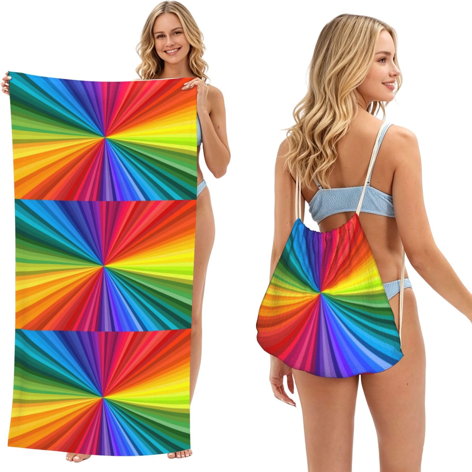 Poadnly As Picture Rainbow Colored Swirls, 2 In 1 Packable Towel Bag, Beach Towels With Drawstring Backpack For Travel Holiday Camping