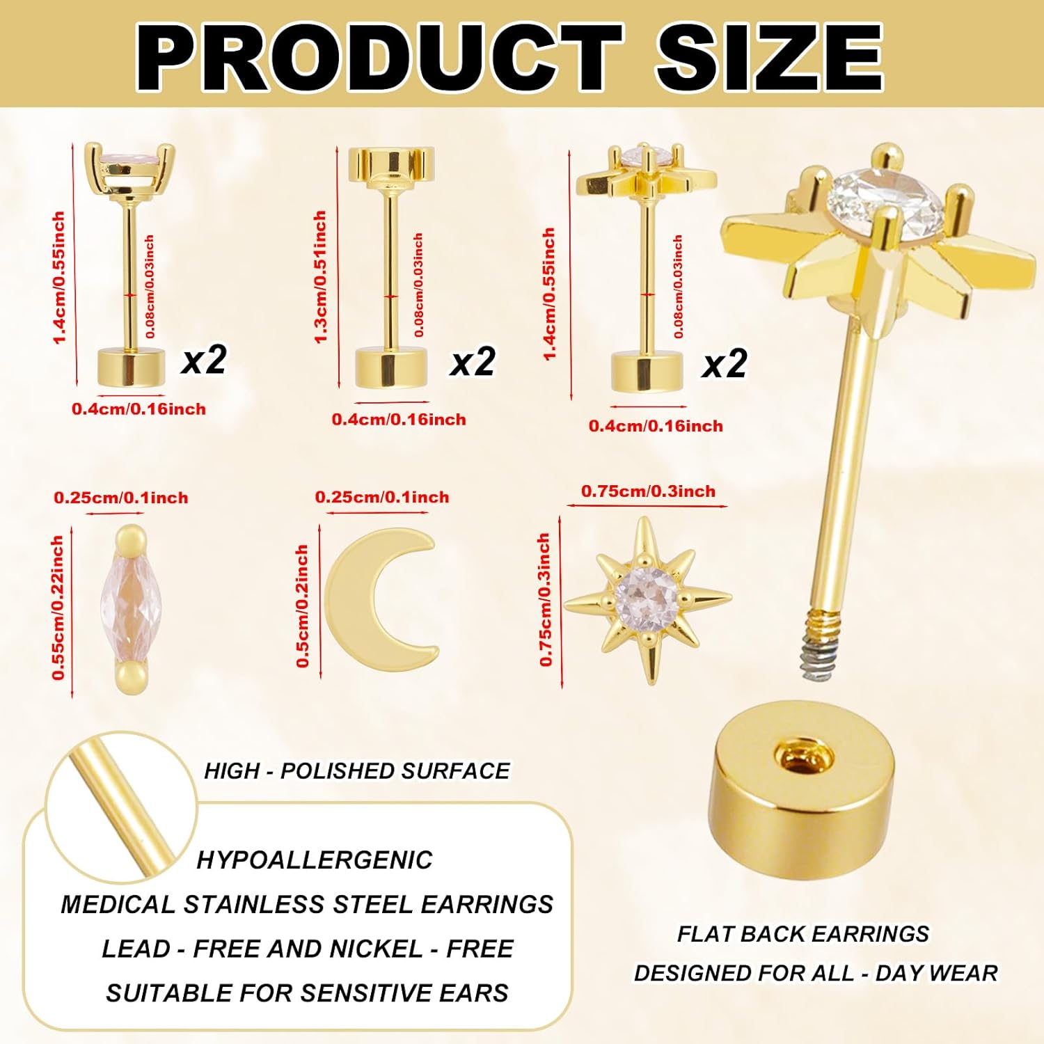 3 Pairs Gold Flat Back Earrings, 3 Styles Gold Filled Cartilage Earrings Stylish Cubic Zirconia Studs Jewelry Gifts for Women - Image 2