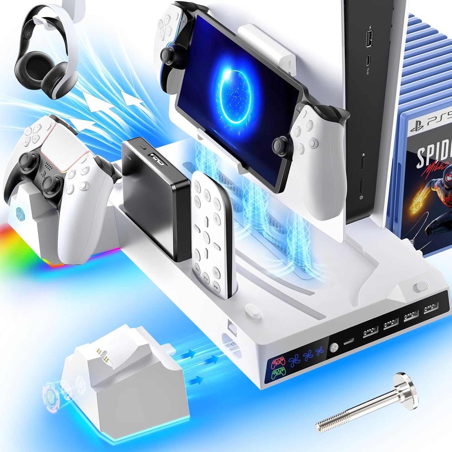 PS5/Slim Stand and Cooling Station Compatible with Playstation 5 Consoles, PS5 Accessories with Detachable and Individual Controller Charging Station and 3 Levels Cooling Fan (White)