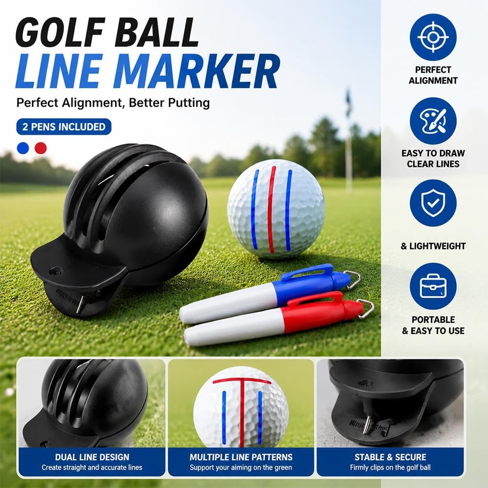 Golf Ball Marker Tool Lines Drawing Alignment Kit with 2 Color Waterproof Pen for Beginners