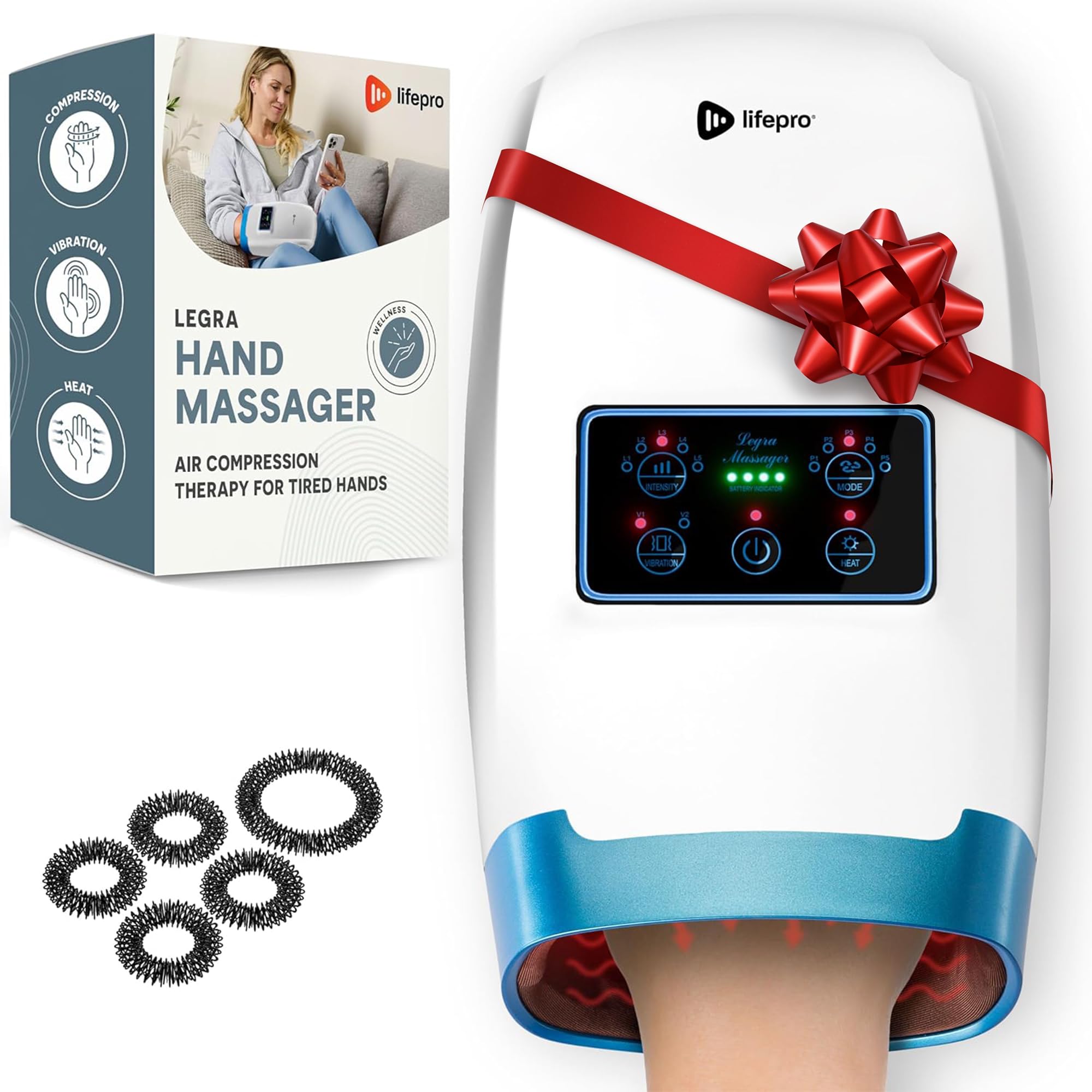 Lifepro Legra Hand Massager Machine - Personal Electric Massager for Wrist, Hand, Palm, Finger Pain Relief, Arthritis, Carpal Tunnel, Numbness - Vibration & Heat Therapy Massager (White)