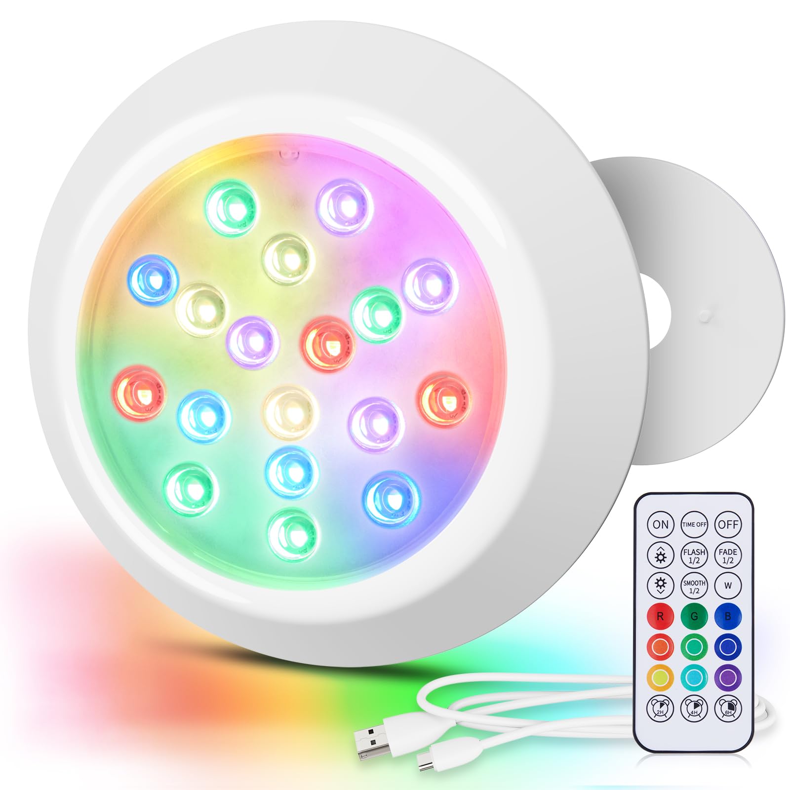 LyLmLe 15 cm Underwater LED Underwater Light for Above Ground Swimming Pools, RGBW IP68 Waterproof with Remote Control, Powered by USB-C Rechargeable, 18 LEDs Wood Pool Lamp