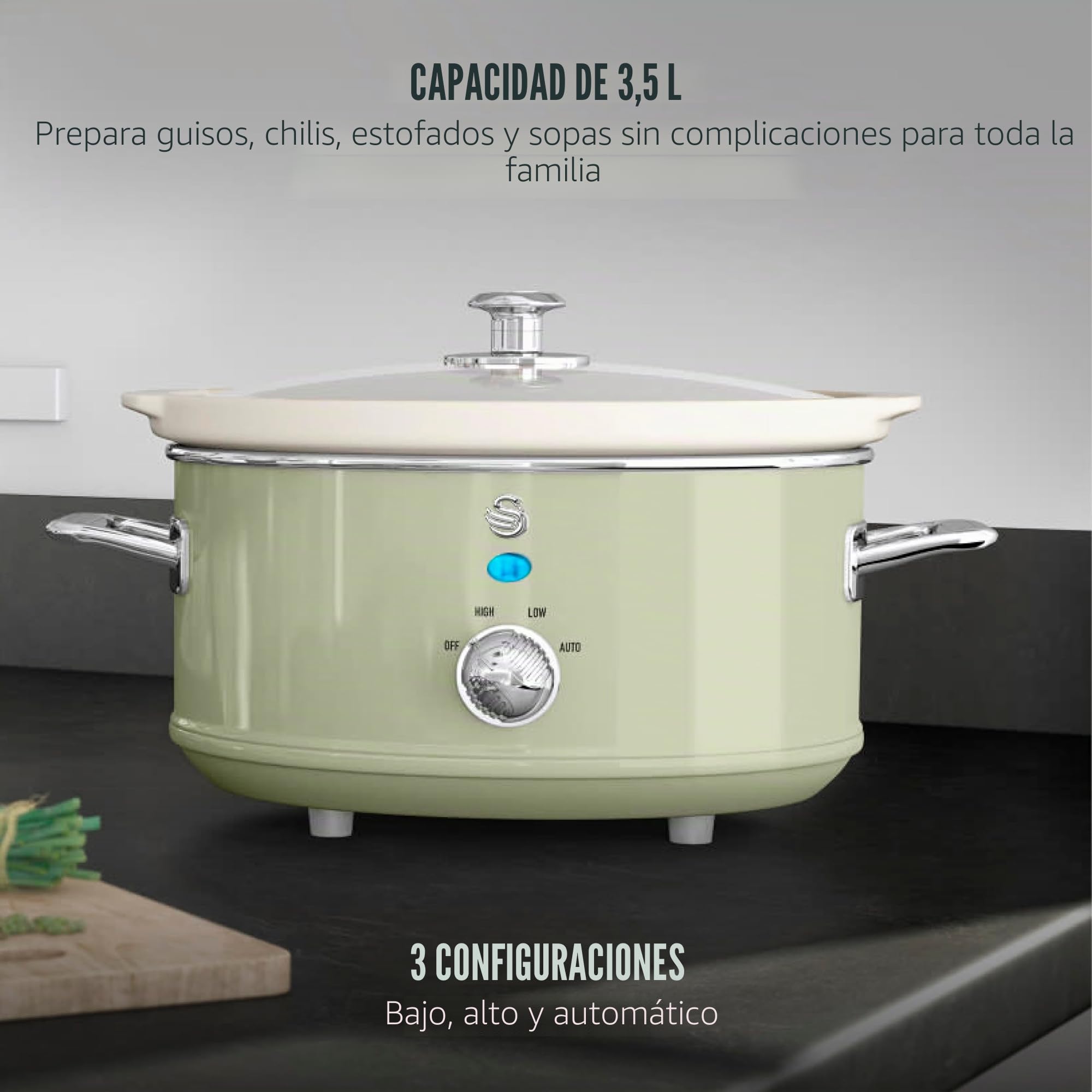 Swan Retro SF17021GN Olla Cocción Lenta 3,5L Recipiente Extraíble, Antiadherente Cerámica libre PFOA y PTFE, 3 Niveles Temperatura, Tapa Vidrio, Slow Cooker, Diseño Vintage, Verde, 200W