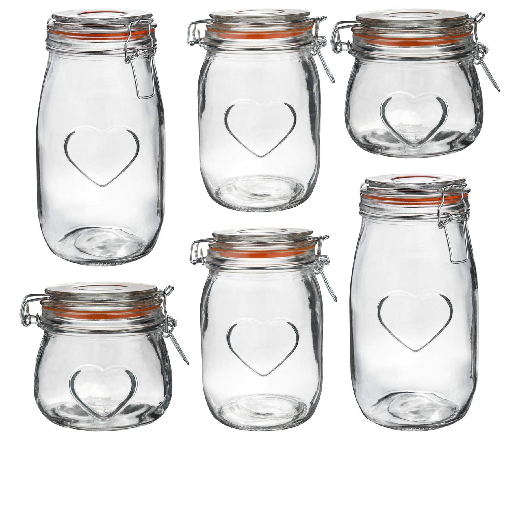 Nicola Spring Unisex Clear Heart Glass Storage Jars - 3 Sizes - Orange Seal - Pack Of 6 In
