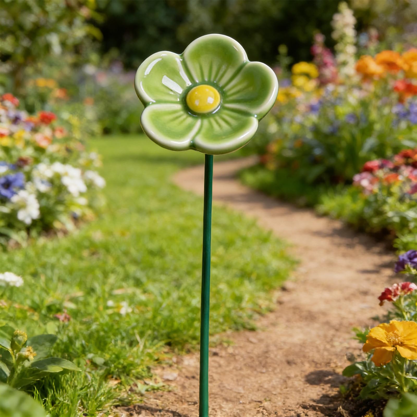 Handmade Flower Garden Stake Bee Bath, Ceramic Pollinator Water Bowl with Ground Stake Outdoor Bees Bath Artificial Flowers Bee Bowl for Summer Garden Decor, Outdoor Waterer For Yard Lawn