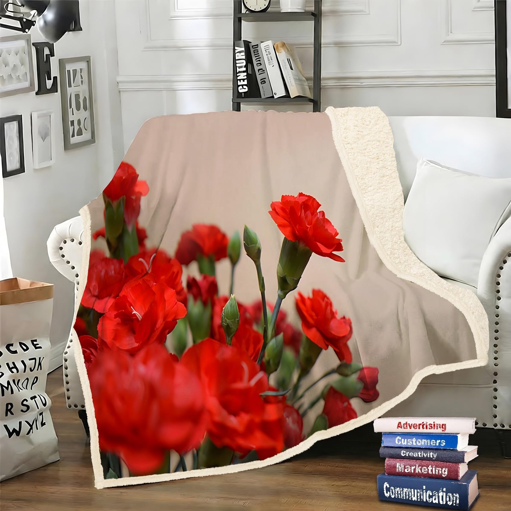LLSZAHD Carnation Sherpa Throw Red Flowers Soft and Fluffy Fleece Throw Blanket, Cozy Bed Throw for Sofa, Armchair or Travel, 130 x 170 cm