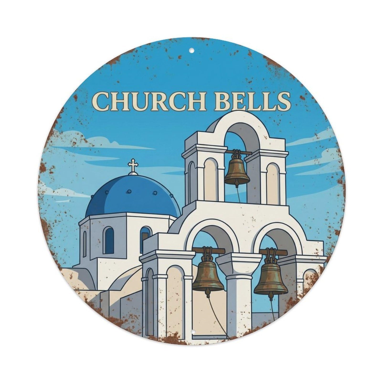 Vintage Travel Church Santorini Bells Metal Tin Sign