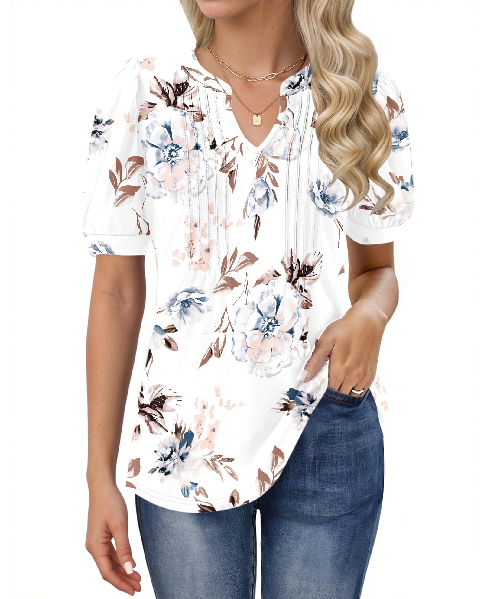 MOLERANI T Shirts for Women - V Neck Tops Loose Casual Puff Short Sleeve T-Shirt Front Pleated Blouse White Flowers 2XL