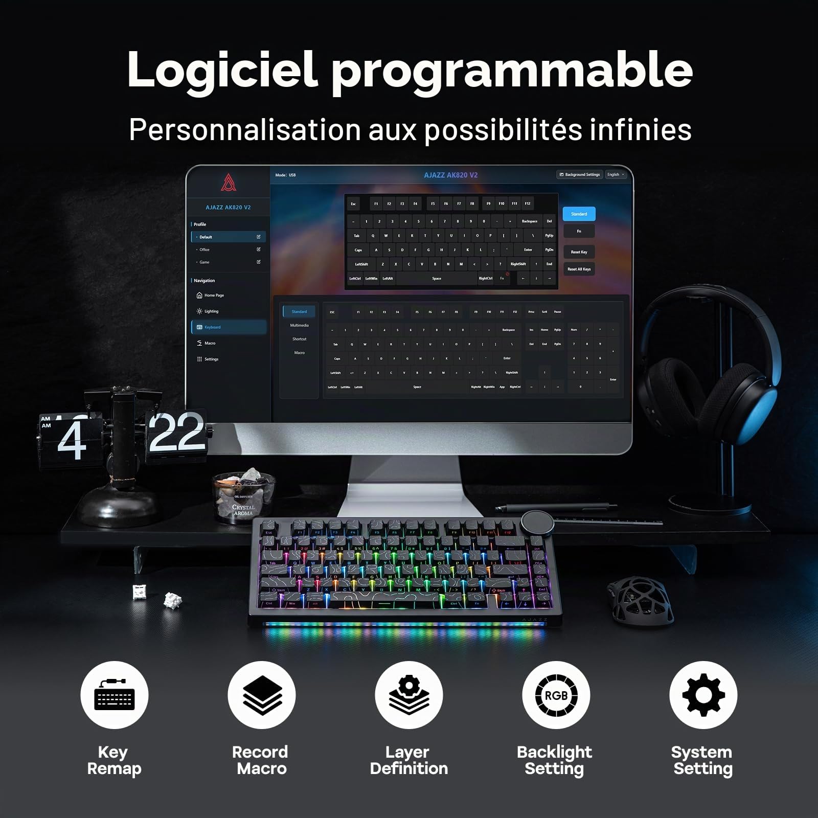 EPOMAKER AJAZZ AK820 V2 Clavier Gamer Mécanique Tri-Mode, Gros Bouton