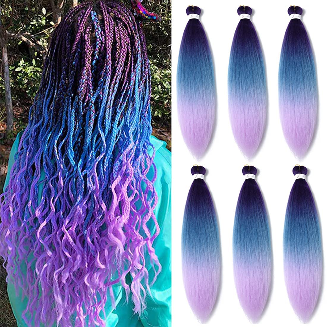 Pre Stretched Braiding Hair Extensions 26 Inch 6 Packs Braid Hair Prestretched Crochet Braids Hair Hot Water Setting High Temperature Synthetic Fiber Premium Yaki Texture(26inch,Purple-Lake Blue-Light Purple)