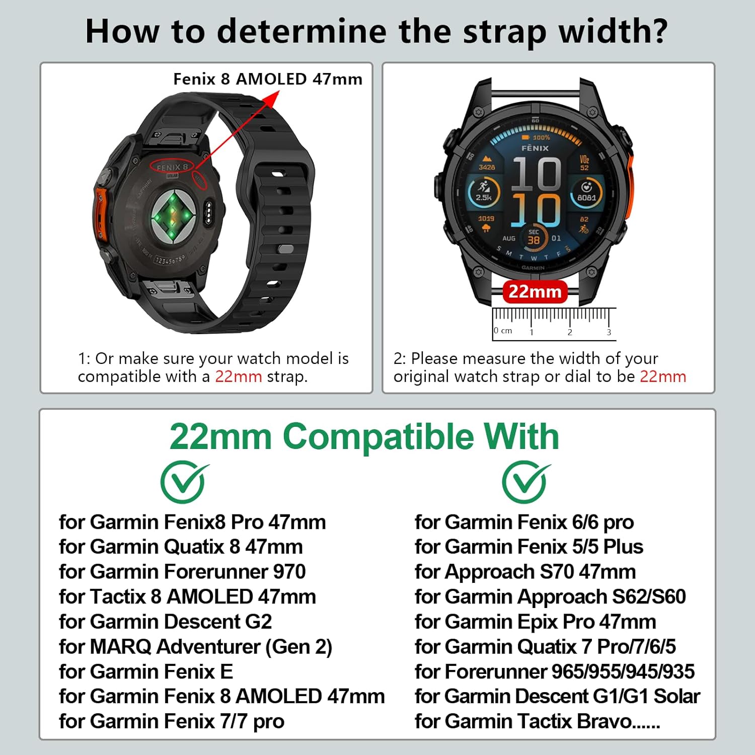 22mm Silicone Bands for Tactix 8/Fenix 8 Pro AMOLED 47mm/E/7 pro/7/6 pro/6/5 Plus/5, Quick fit Watch Strap Compatible with Garmin quatix 8/epix Pro/Approach S70 47mm/S62/S60/Descent G2/G1/G1 Solar - Image 2