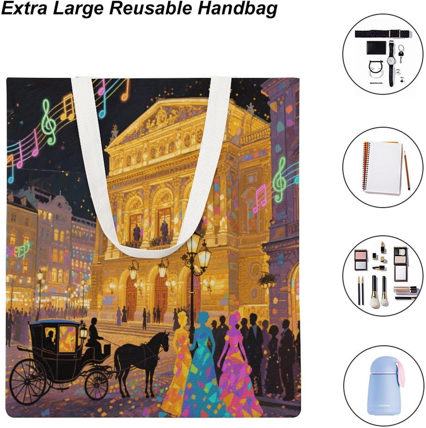 Canvas Tote Bag 16x15 In Lightweight Foldable Shoulder Hobo Purse | Vienna Opera House, Casual Tote with 10" Strap, Everyday Carryall, for Travel Work Grocery Shopping Beach Mark Gym Yoga