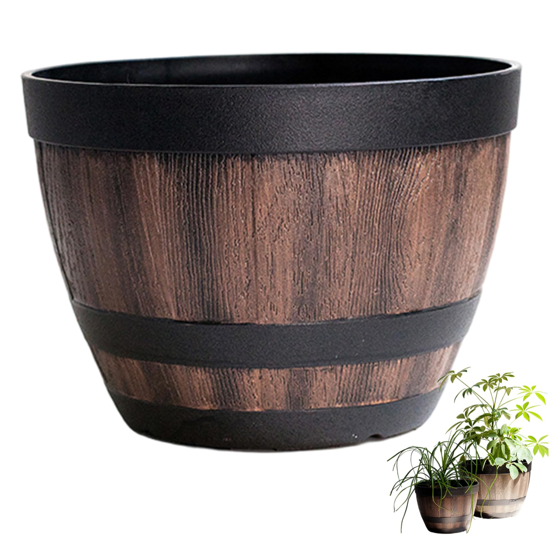 Uanqfegy Whiskey Barrel Planter - 9 Inch Resin Barrel Planter with Wood Grain, Weatherproof Garden Pot