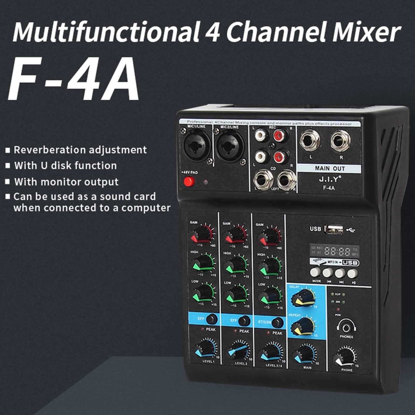 Mixer DJ 4 Canali Audio USB Alimentazione Phantom 48V Console Registrazione per Computer Microfono Lettore per Live Studio Scena