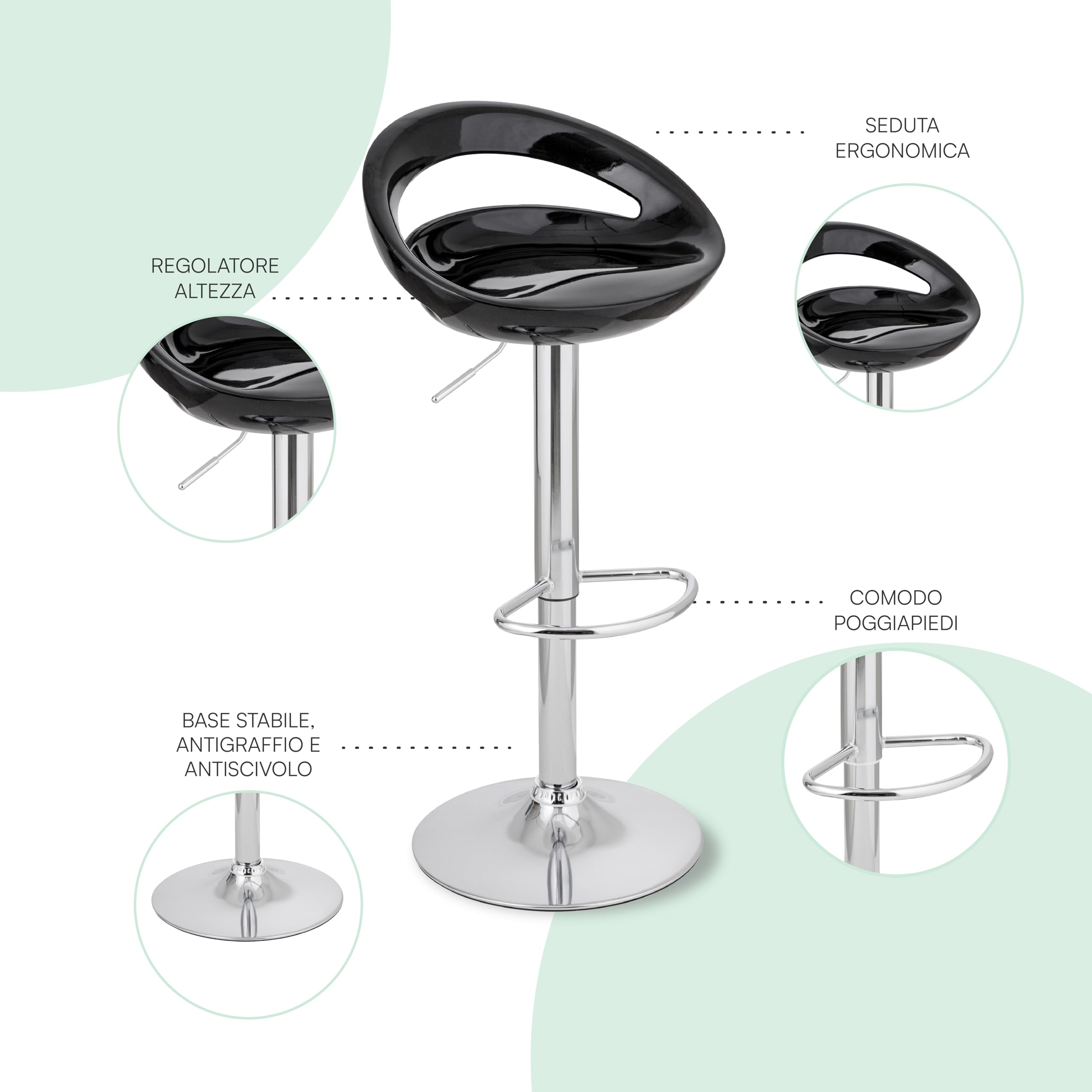 Baroni Home Tabouret de Bar Pivotant Hauteur Réglable, Assise en Plastique et Dossier, Base Chromée, Repose-Pieds et Fond Anti-Rayures, Tabouret de Cuisine et Péninsule, 37x45x59–79 cm, Noir 1 pièce