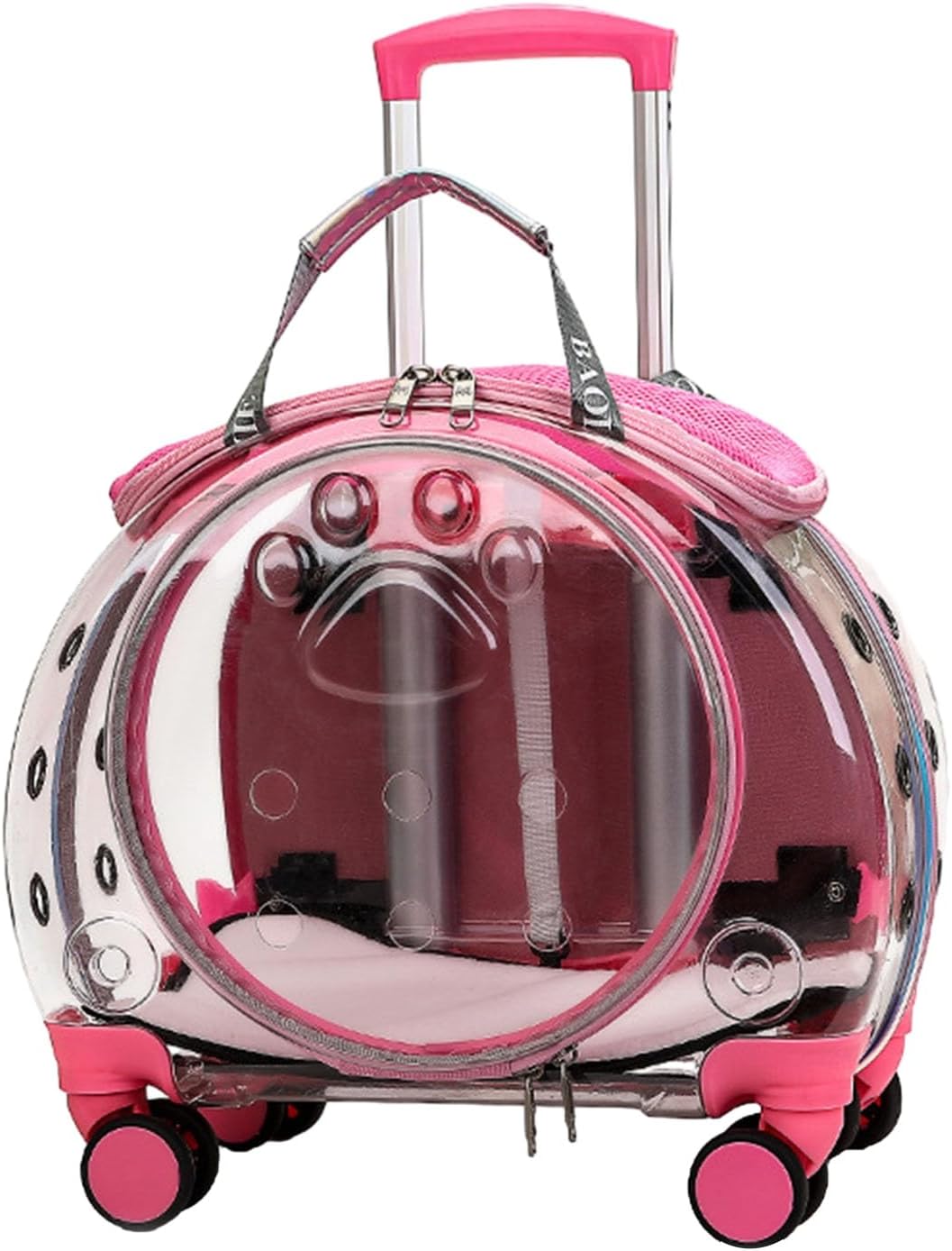 Clear Pet Travel Trolley Case with Silent Wheels, Ventilated Portable Pet Backpack for Cats & Dogs, Multifunctional Rolling Pets Carrier with Breathable Holes for Travel, Outdoor Pink