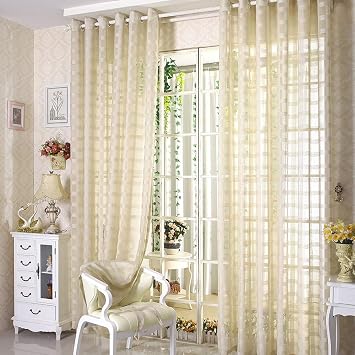 78" Volie Semi Screen 2Pc Tulle Backdrop Curtains Buffalo Check Striped Gingham Sheer Linen Fabric Window Curtain Panel Decorative Grommet Top Bedroom Drapes, 2 Panels, 78 inch Length, Beige