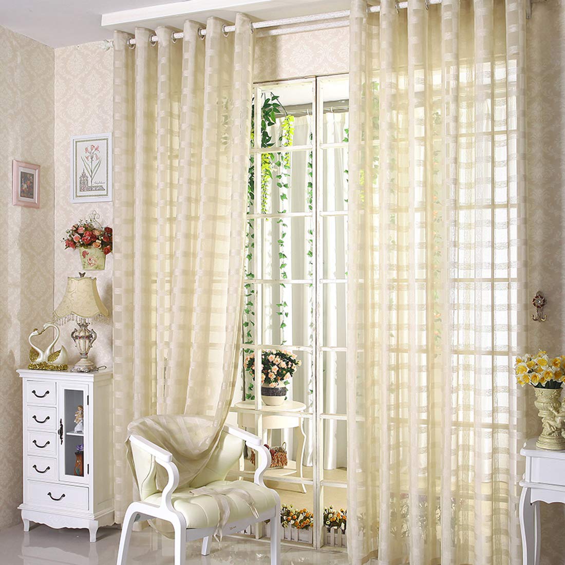 JAIJY 78" Volie Semi Screen 2Pc Tulle Backdrop Curtains Buffalo Check Striped Gingham Sheer Linen Fabric Window Curtain Panel Decorative Grommet Top