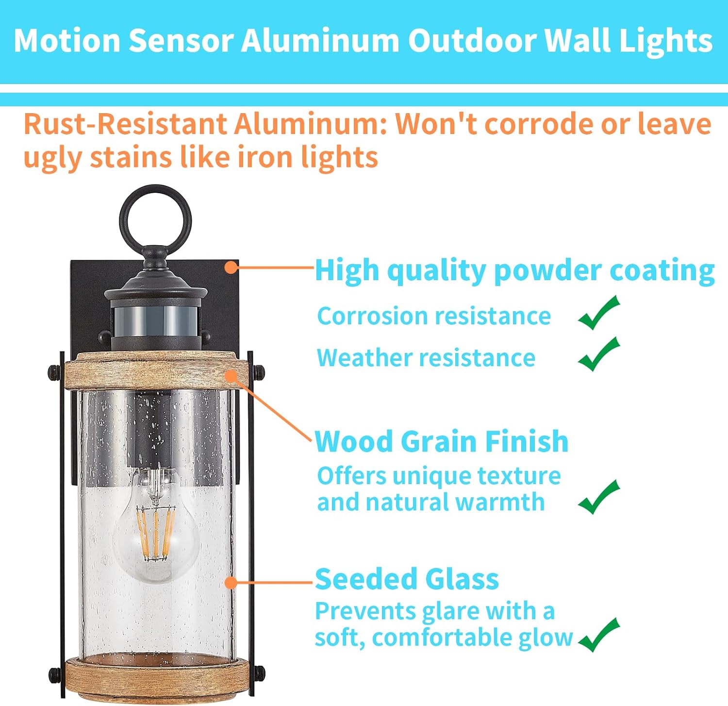 Motion Sensor Outdoor Wall Light Waterproof,Dusk to Dawn Outdoor Lighting,Outdoor Light for House with Seeded Glass,Matte Black & Wood Grain Finish,1 Pack Black & Wood Grain 1 pack