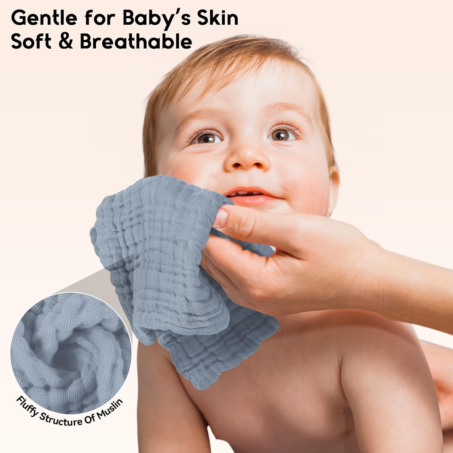 Muslin Baby Washcloths 6 Pack, 100% Cotton Wash Cloths for Babies, Large 12''X12'' Burp Cloths Absorbent and Soft for Newborn Infants Kids Boys Girls - Apricot Green Sapphire Blue - Image 4