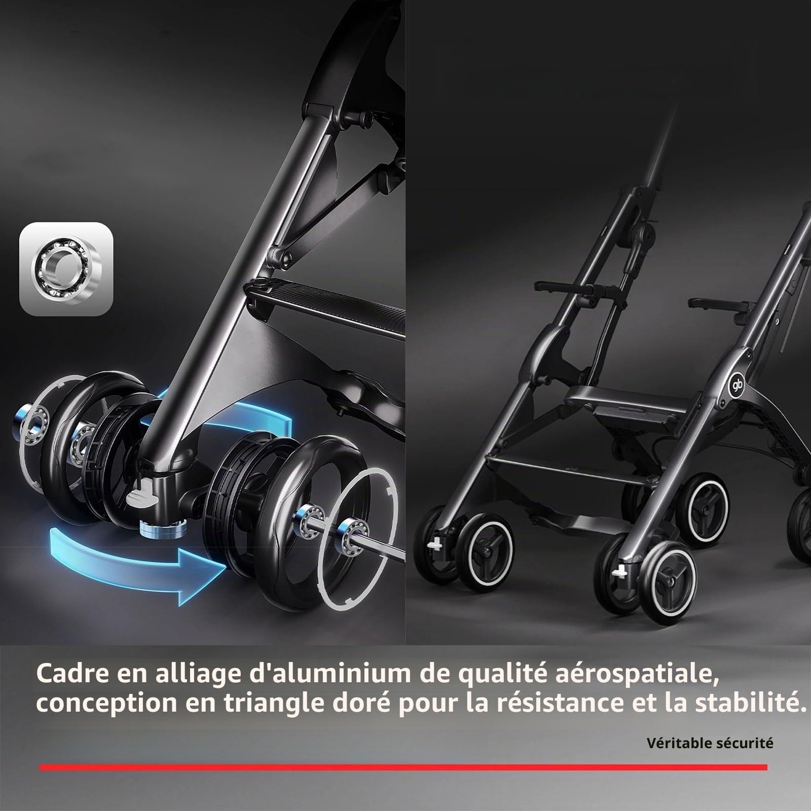 gb Pockit+ Tout-Terrain, Poussette de voyage ultra-compacte et légère pour bébés et tout-petits, conforme aux dimensions des bagages cabine en avion, Noir Or