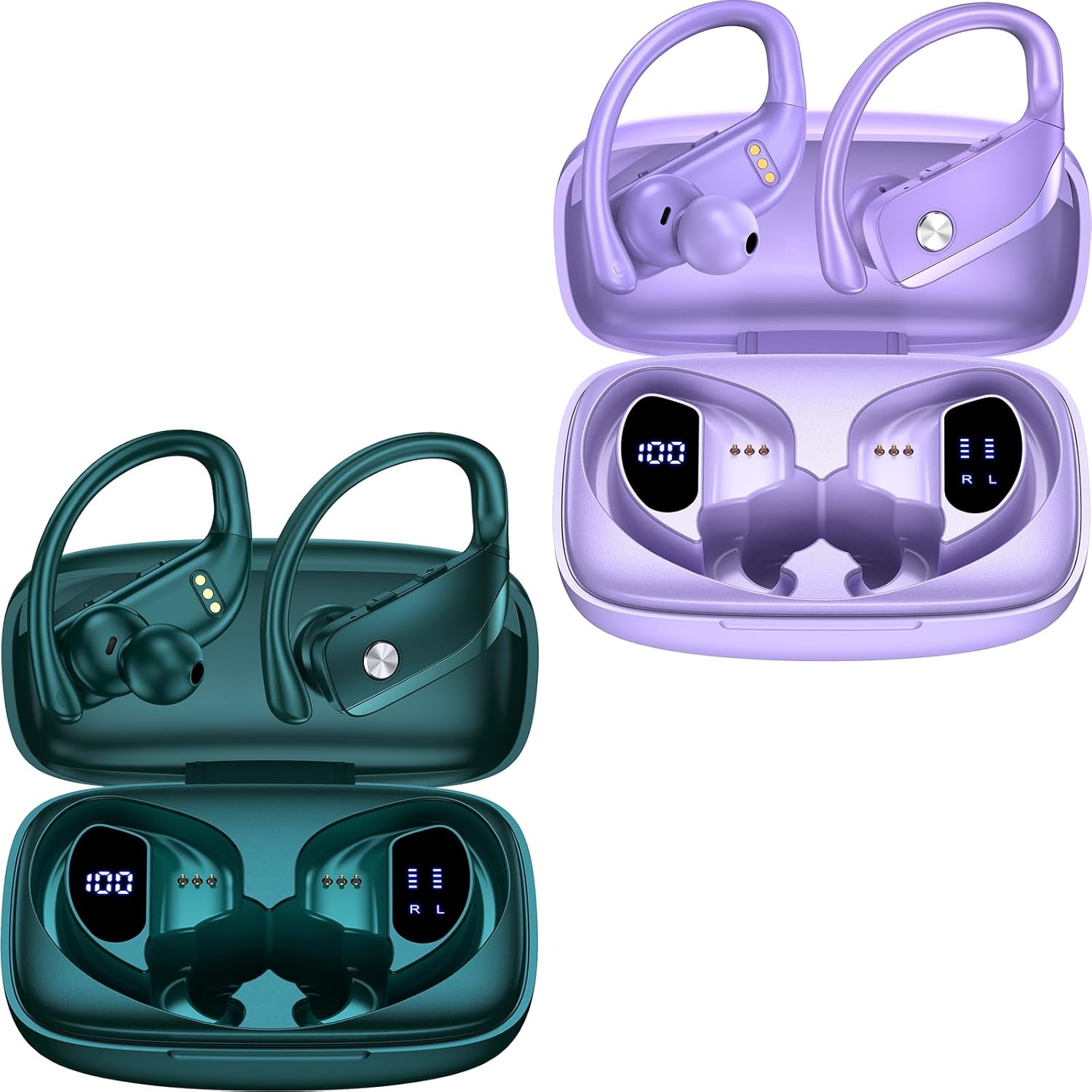 bmani 2 Sets Wireless Earbuds Bluetooth Headphones 48hrs Play Back Sport Earphones with LED Display Over-Ear Buds with Earhooks Built-in Mic Headset for Workout Green+Purple