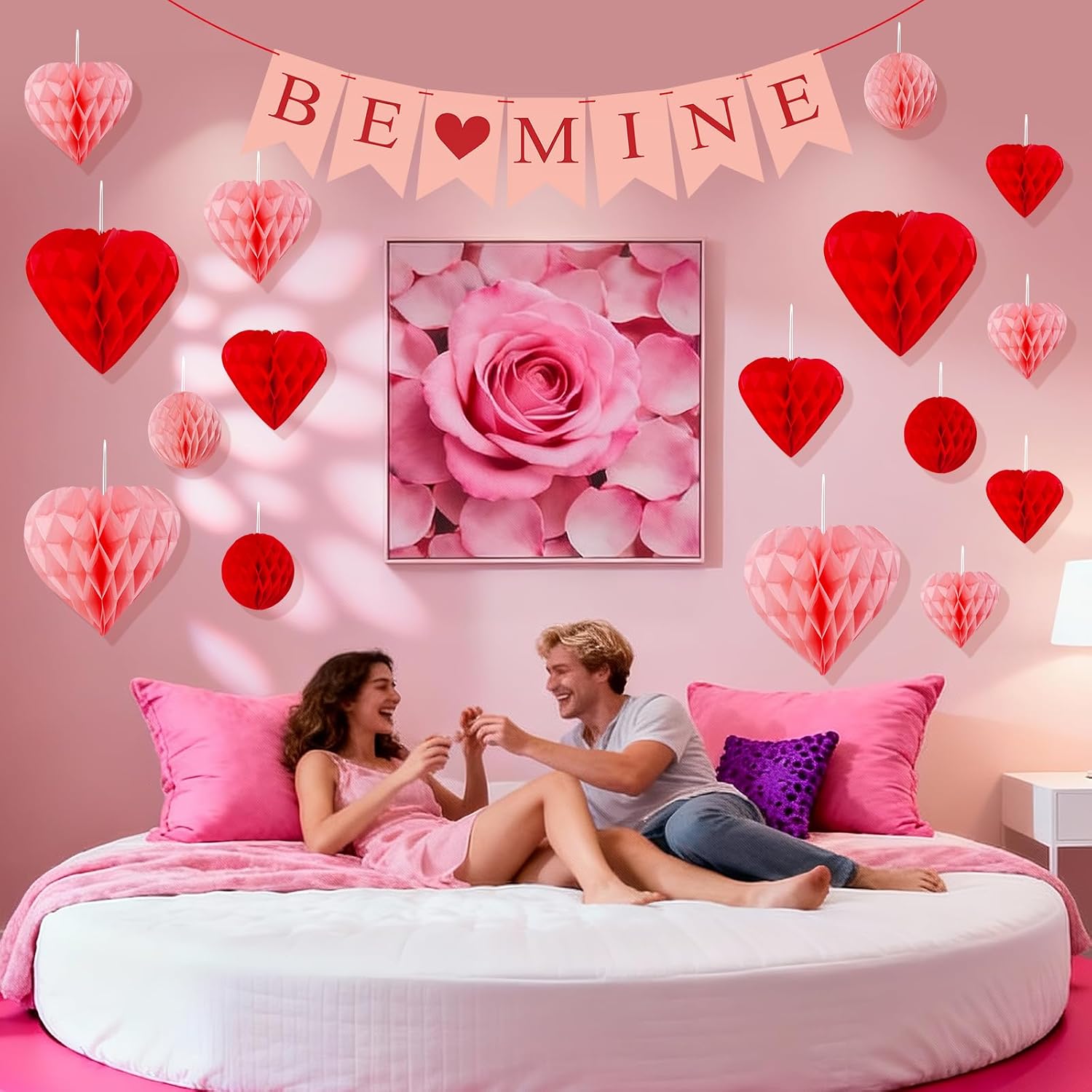 OLANRUN 16 PCS Valentines Day Decor, Red Pink Heart Valentines Party Decorations Pom Poms, Hanging Reusable Tissue Paper Honeycomb Balls for Indoor Party Wedding Birthday Engagement Galentines (16)