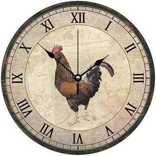 Wooden Wall Clock Non-Ticking Quartz Battery Operated Retro Rooster Chicken Personalized Wall Clocks Chicken Paintings Farm Animal Wall Decor for Family Room Patio Above Fireplace 10 Inch