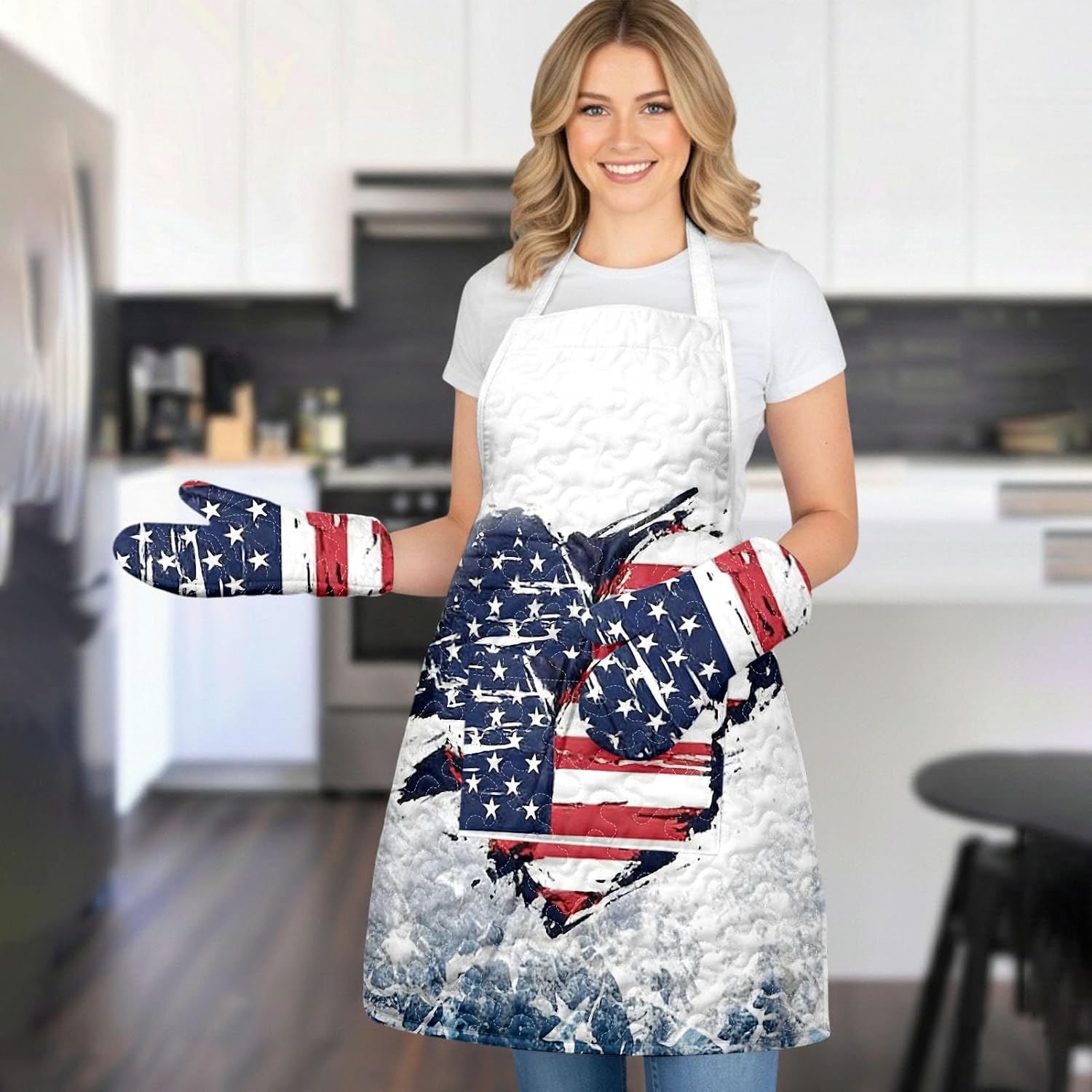 Apron And Oven Mitt Set Women - American Flag Quilted Vintage Cooking Chef Red White Blue Apron And Oven Mitts Set Kitchen