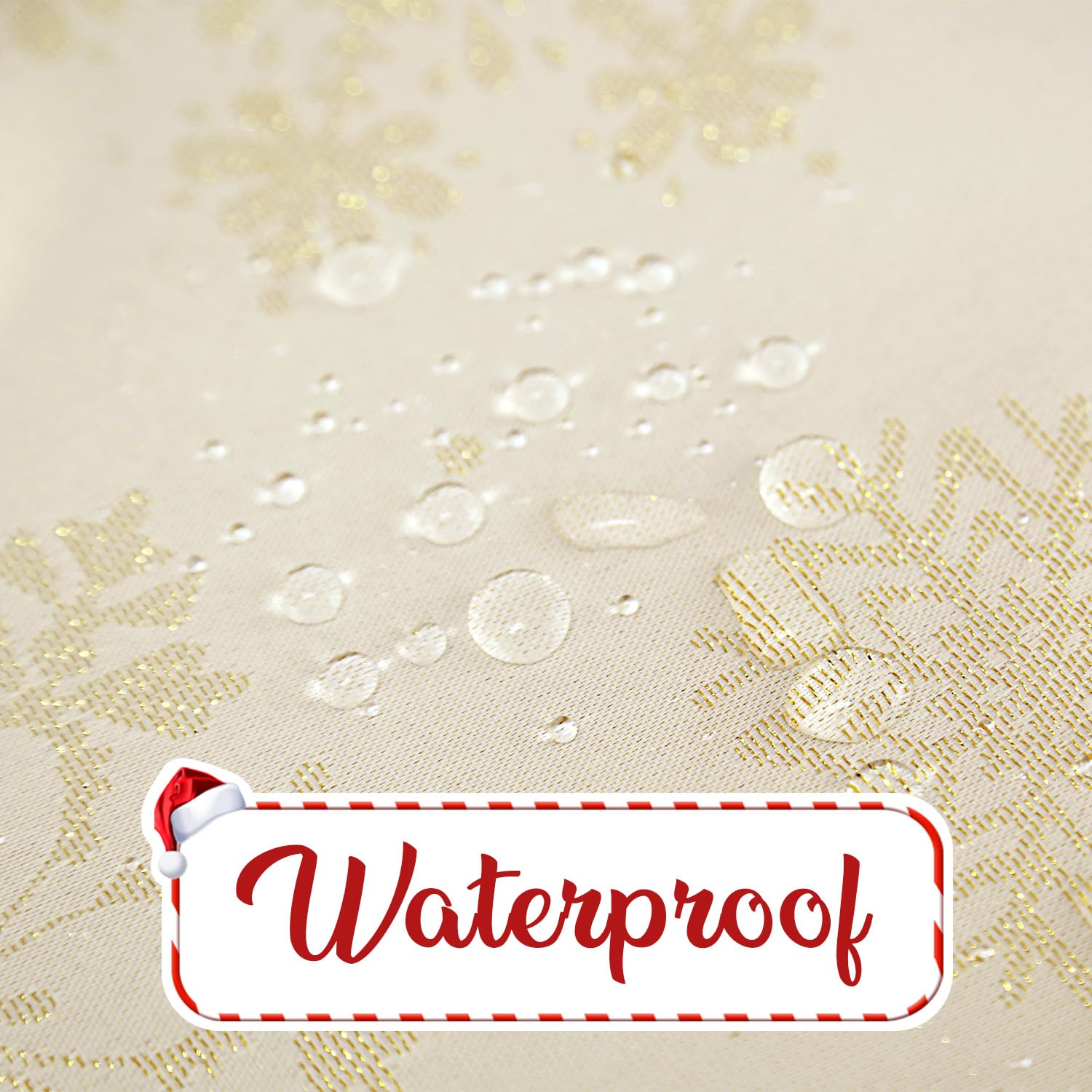 MikiUp Christmas Tablecloth 60x120" - Cream & Gold Snowflake Jacquard, Waterproof, Washable