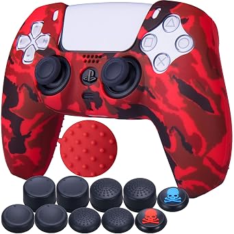 9CDeer 1 Piece of Silicone Transfer Print Protective Cover Skin + 10 Thumb Grips for PS5 Controller Paint red