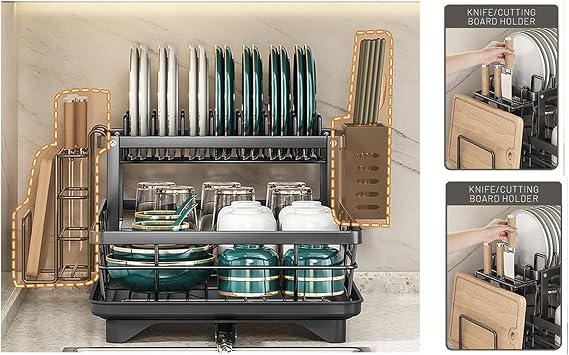 Dish Rack - 2-Tier Dish Racks for Kitchen Counter | Space-Saving Utensil Cup Holder, Sink Organizer for Restaurant Apartment Rv Cutlery Management