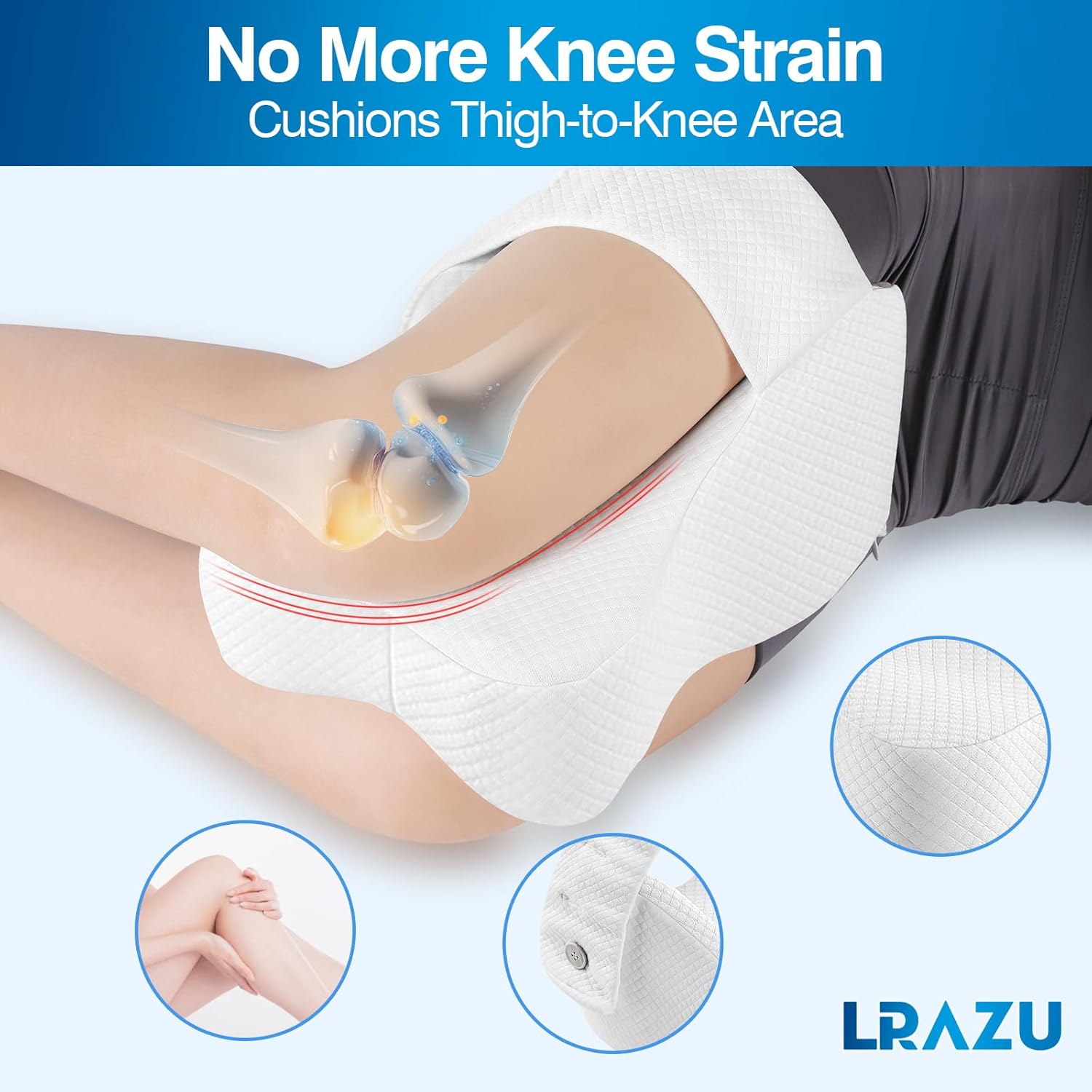 lrazu knee pillow for side sleepers, memory foam legpillow between knees, relieves back, hip & knee painwhile aligning spine, adjustable strap, 14 inch (white)