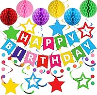 Vista 10 de meowtastic - Decoraciones de cumpleaños, pancarta de feliz cumpleaños con bolas de panal de abeja, serpentinas colgantes de estrellas, guirnalda