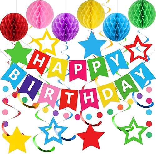 Vista 10 de meowtastic - Decoraciones de cumpleaños, pancarta de feliz cumpleaños con bolas de panal de abeja, serpentinas colgantes de estrellas, guirnalda