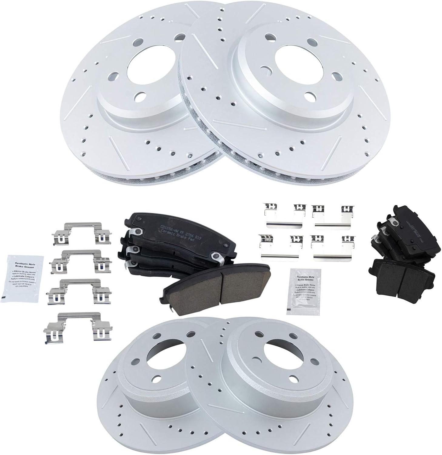 TRQ Front & Rear Brake Pad & Rotor Kit Ceramic Premium G-Coated Slotted X Drilled Compatible with 2005-2020 Chrysler 300 2009-2020 Dodge Challenger 2006-2020 Charger 2005-2008 Magnum