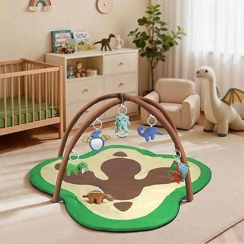 Miniatura 6 de Tapete de juego para el gimnasio para bebés, tapete de gran tamaño con forma de garras de dinosaurio con 6 juguetes de actividad desmontables para