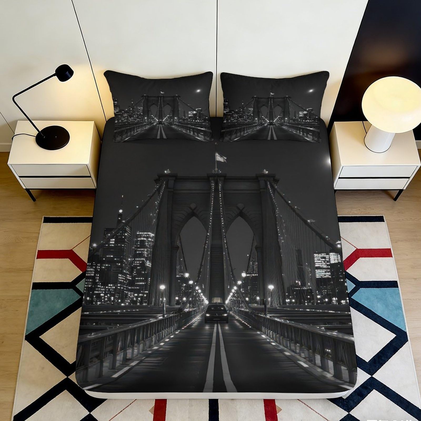 3D Printed Brooklyn Bridge Fitted Sheet with city nightscape, Microfiber, soft touch, guest room bedding, wrinkle resistant, easy care, stylish decor 90x200x25cm