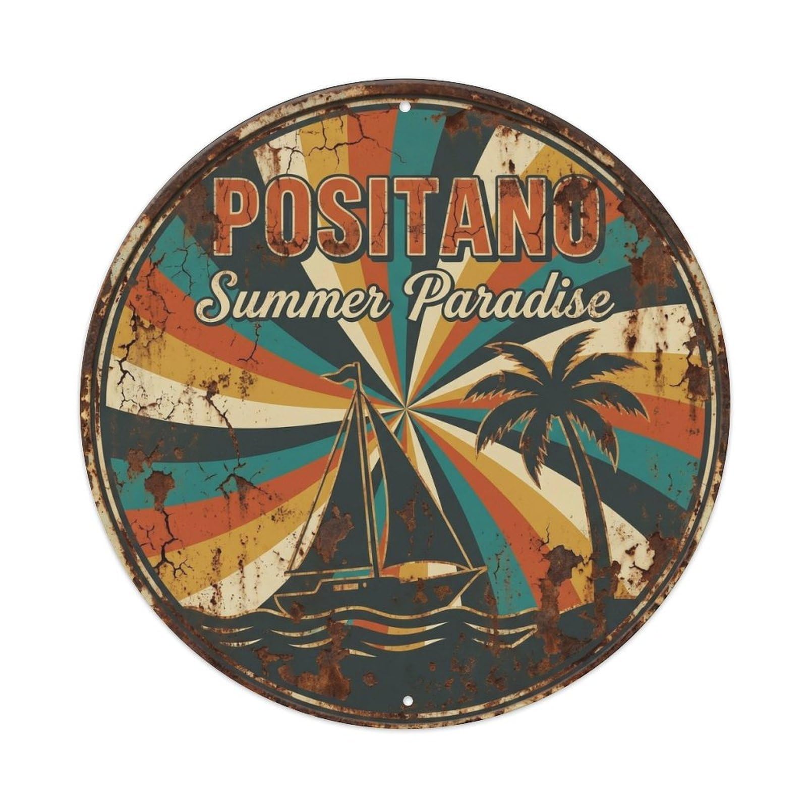 Classic Positano Italy City Explorer Scenic Landmark Metal Tin Sign Plaque Wall Decor for Cafe, Man Cave, Club Bar, Office, Home Garden Round Metal Poster 8x8Inch