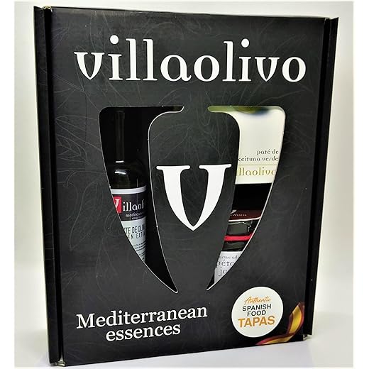 Villaolivo - Caja gourmet Mediterranean essences - Auttentic Spanish Food Tapas, con aceite de oliva virgen extra, mermelada de pétalos de jazmín y paté o tapenade de aceituna verde